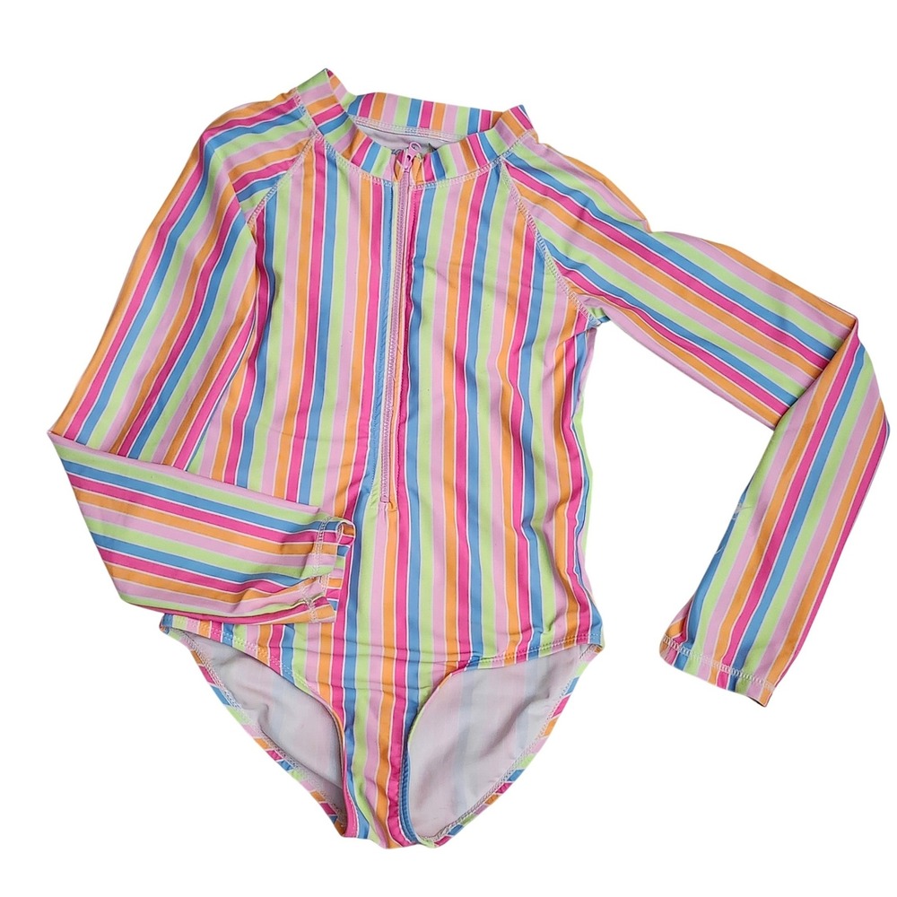 Bmagical by Btween Girls Multicolor Striped Long Sleeve One Piece Swimsuit Sz 10
